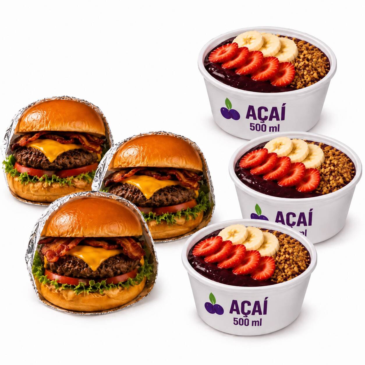 🍔💜 COMBO DOS SONHOS! 💜🍔
3 hambúrgueres Com carne de hambúrguer + salada deliciosos + 3 açaís no pote de 500 ml com aquele toque especial de amendoim torrado, leite ninho, leite condensado e granola! 😍
Uma combinação perfeita para quem ama comer bem e sem economizar no sabor. 🤤
🔥 Peça agora e aproveite! *Por tempo limitado*