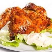 Meio Frango Assado, acompanhado de Batata Calabresa, Farofa, Molho a Campanha, Porção de Arroz Pequena e Porção de Batata Frita Pequena