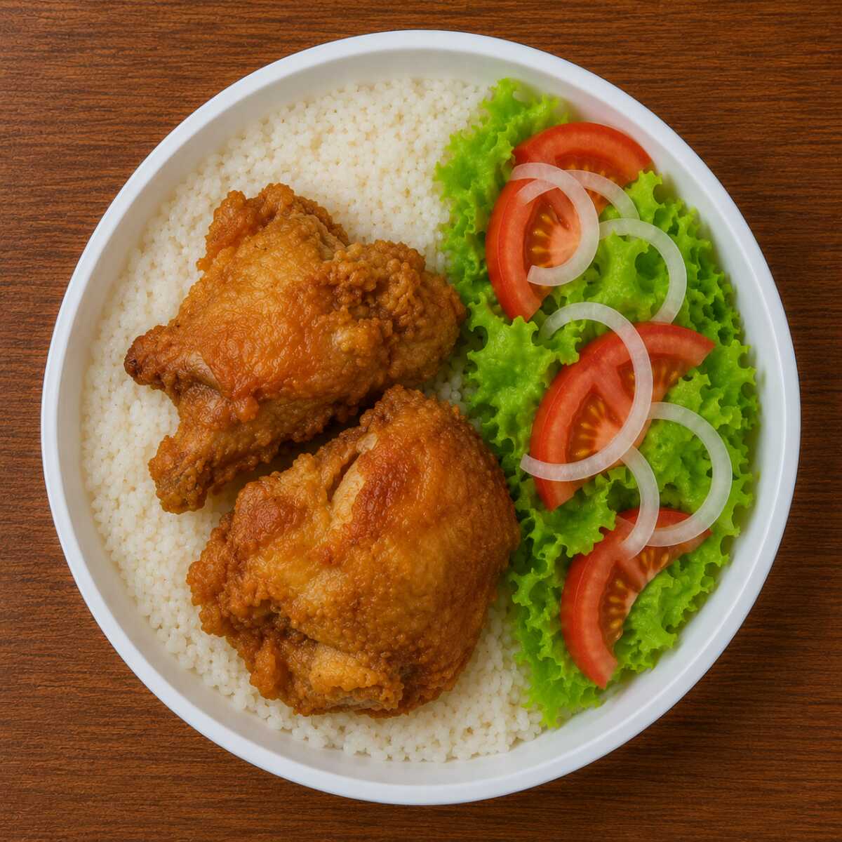 Frango frito com arroz, feijão e salada (Aprox. 450g).