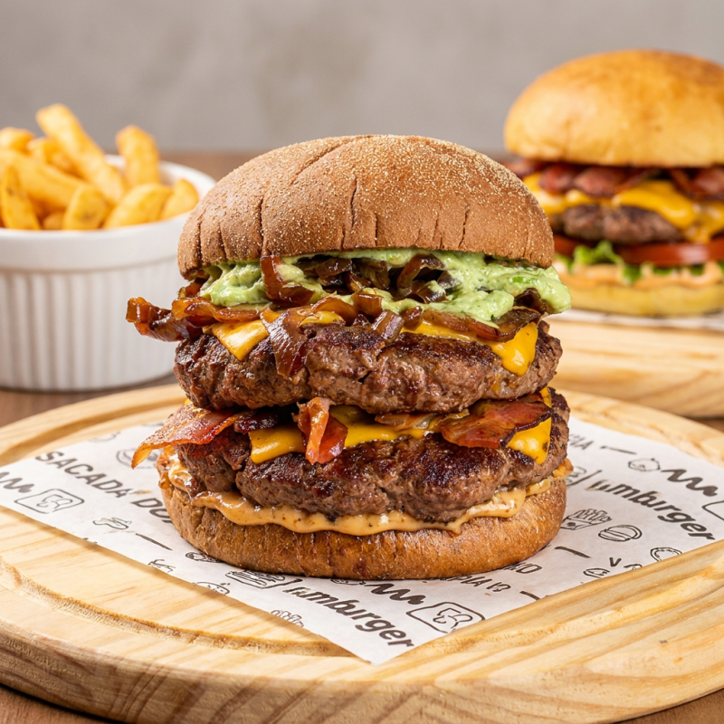 PAO AUSTRALIANO, MOLHO DE ERVAS, 2X BURGER 180G, 2X CHEDDAR, 2X BACON, CEBOLA CARAMELIZADA E MOLHO DA CASA