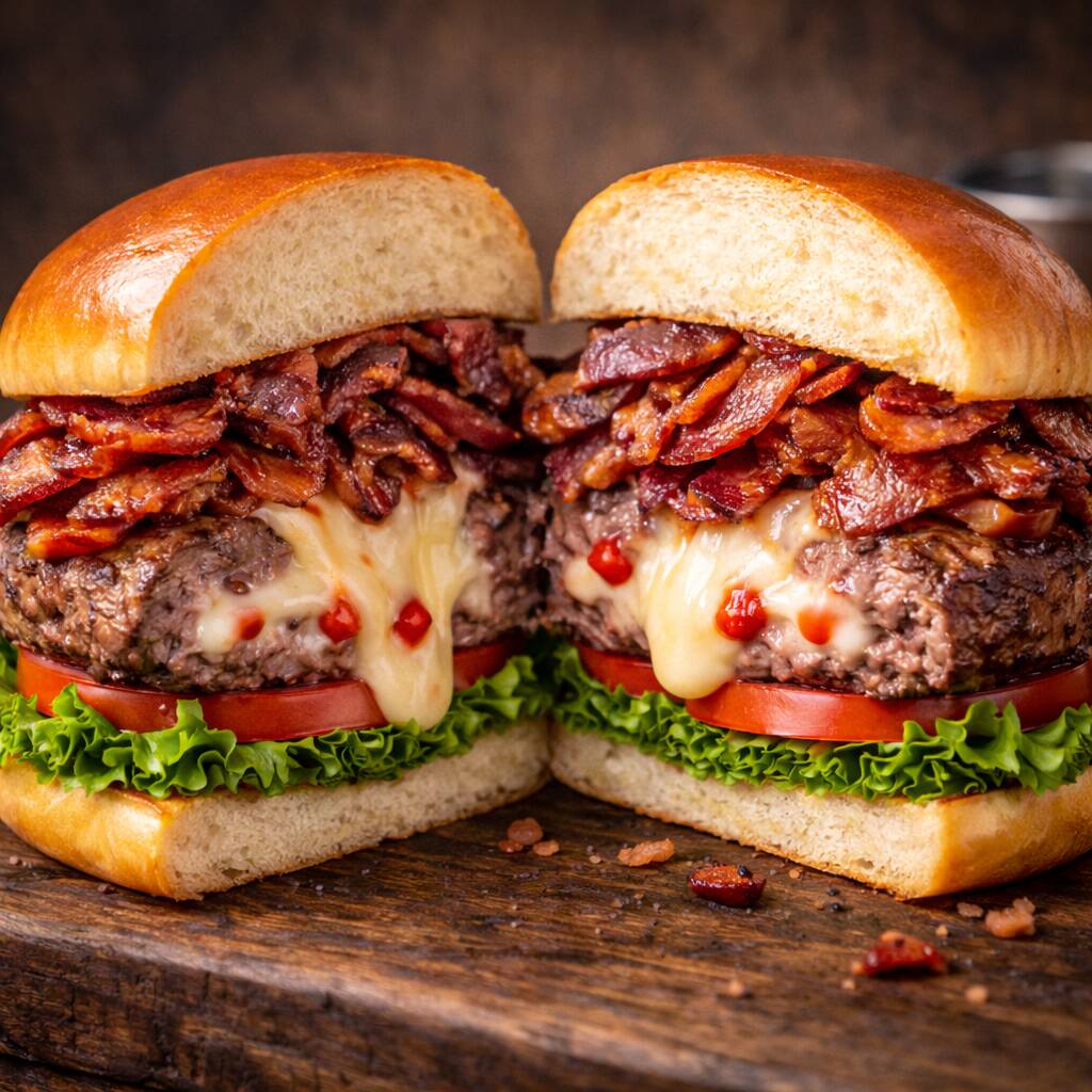 Pão Brioche, Blend 120 g Artesanal Bovino Recheado com Queijo Mussarela e Pimenta Biquinho, Bacon Crocante em Tiras e Salada (Alface e Tomate)