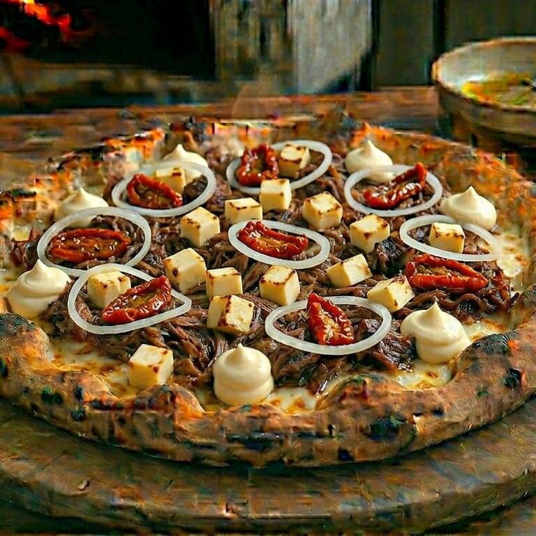 Muçarela, carne de sol, queijo coalho, tomate seco, cheam cheese, cebola e orégano.