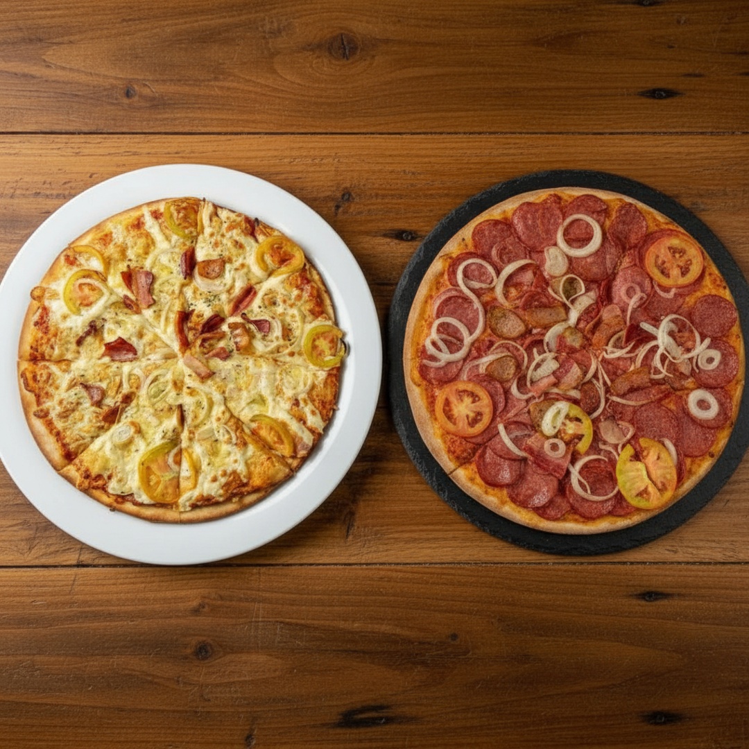 Delicioso Molho De Tomate Caseiro ,Mussarela, Calabresa, Orégano, Cebola E , Delicioso Molho De Tomate Caseiro ,Mussarela, Frango Desfiado , Catupiry E Oregano