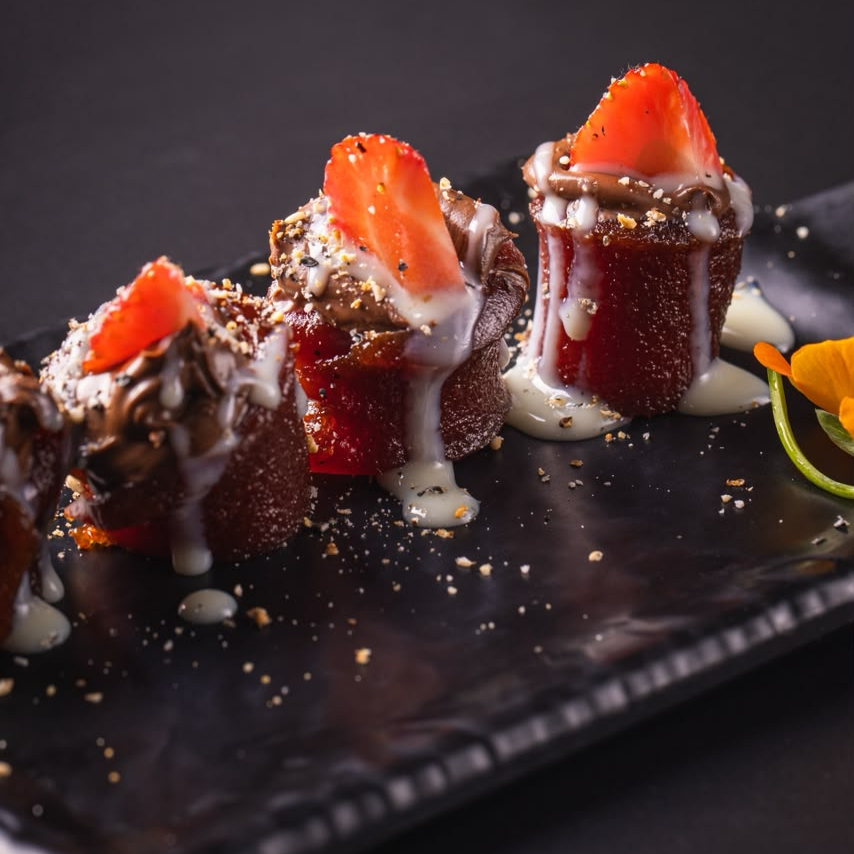 Chocolate e morango com goiabada. Finalizado com leite condensado e gergelim.