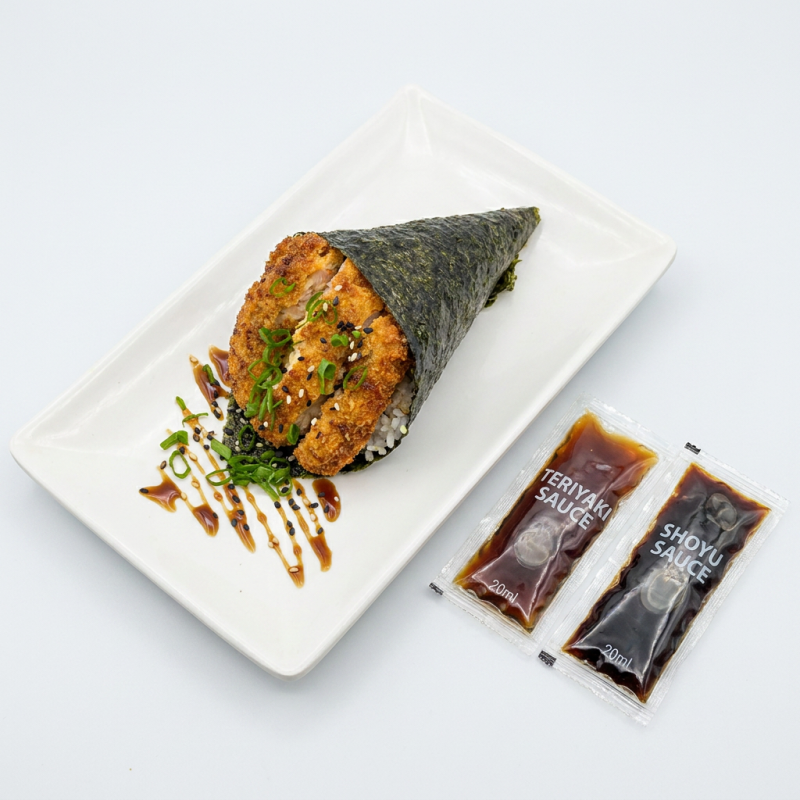 Temaki com uma massa japonesa empanada com recheio da preferencia do cliente, com cream chesse polenguinho finalizado com cebolinha e gergelim moido. Acompanha 20ml de teriaky e shoyu sache