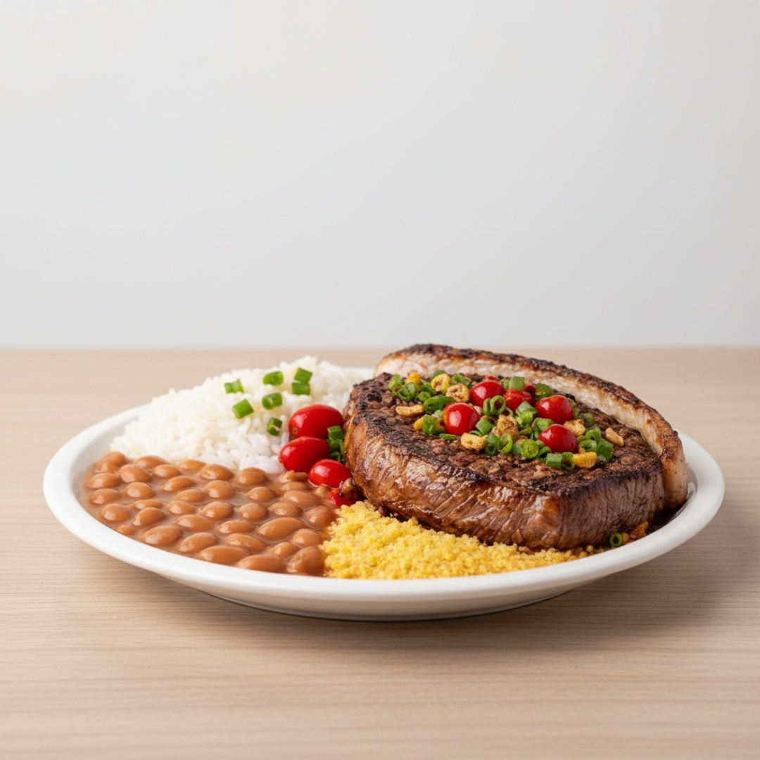 arroz soltinho, feijão caseiro, farofa crocante e saladinha de vinagrete. Finalizada com cebolinha e um toque de pimenta biquinho. Uma explosão de sabor! ( indicado p/ 1 pessoa )