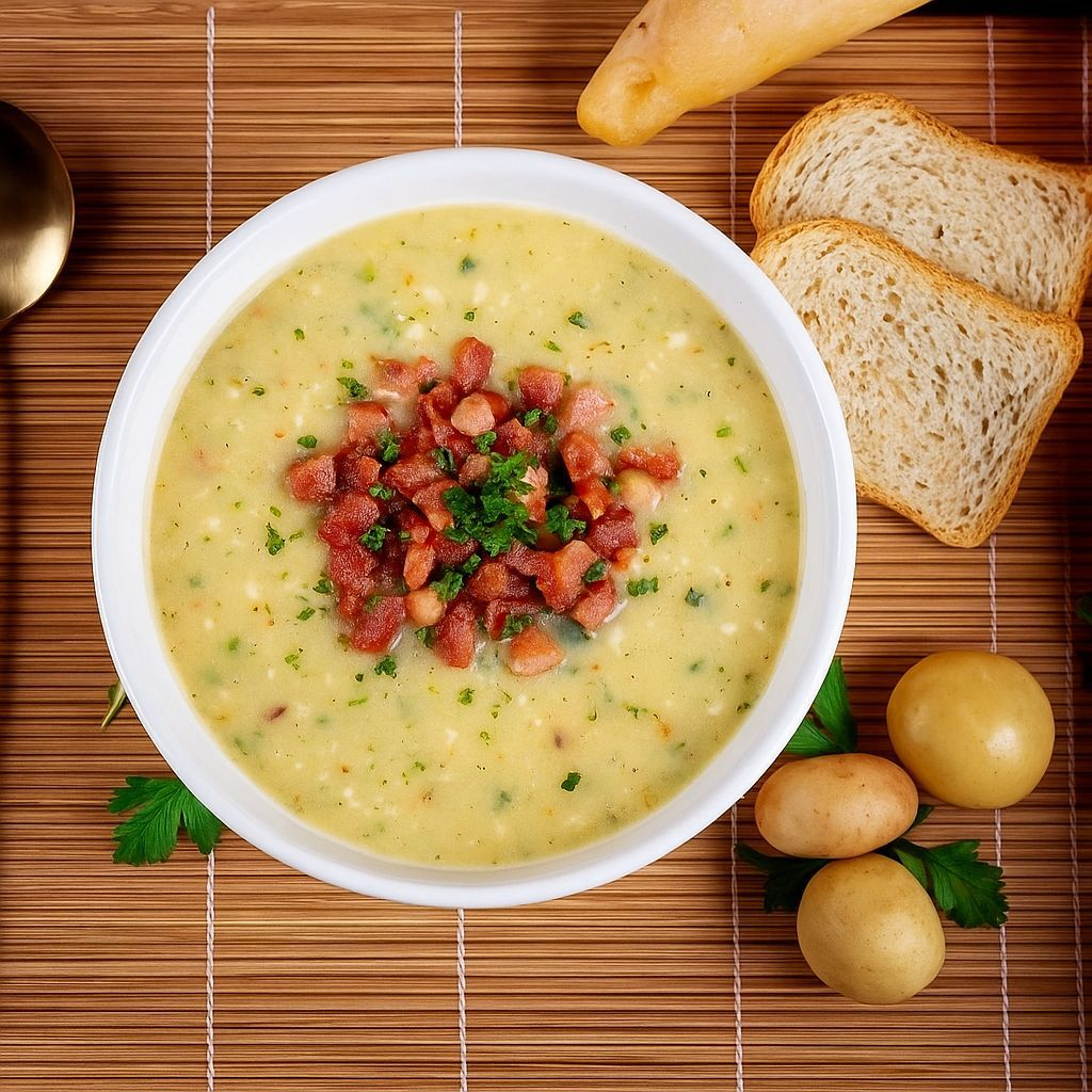 Deliciosa sopa cremosa de batata com bacon defumado artesanal