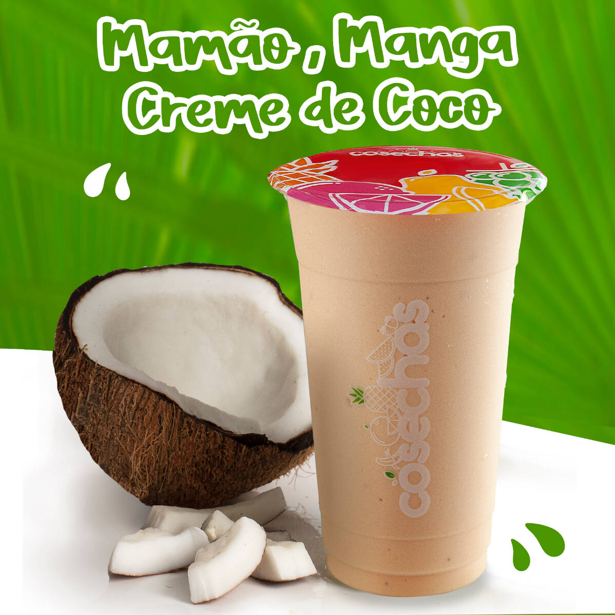 O creme de coco realça os sabores do mamão e da manga, resultando em uma bebida cremosa e cheia de sabor.