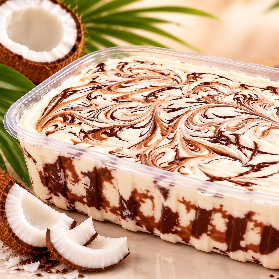 Uma combinação simplesmente irresistível! Sorvete artesanal de coco, cremoso e delicadamente saboroso, com um toque especial de ganache de chocolate, trazendo aquele contraste perfeito entre o sabor tropical do coco e a intensidade do chocolate. Uma colherada e você vai querer mais!