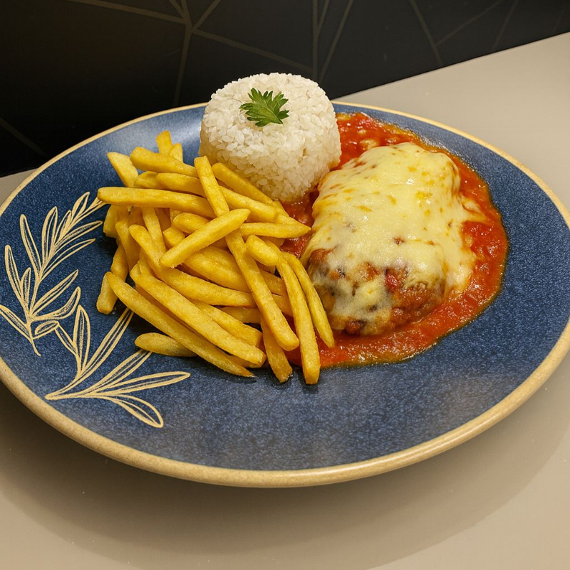 Frango empanado, molho de tomate artesanal e muito queijo gratinado.