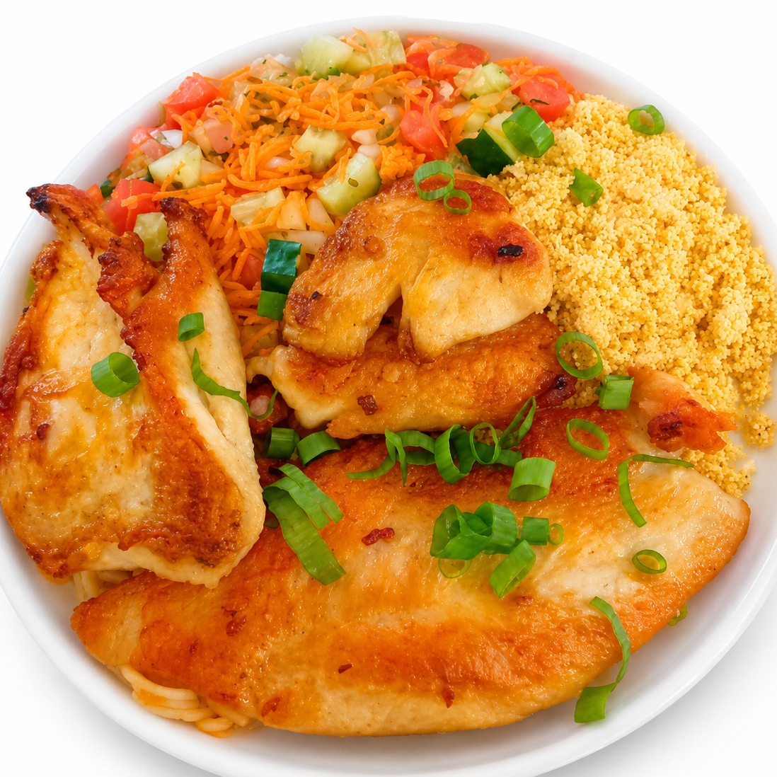 Acompanhamentos: arroz branco, farofa crocante, macarrão espaguete e salada do dia.