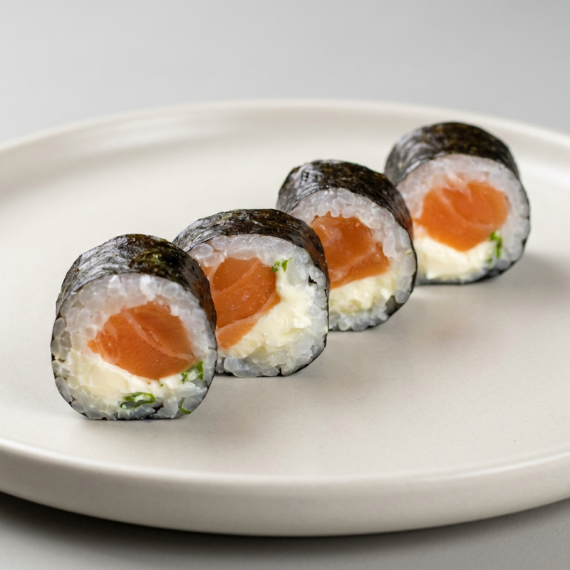 Alga Nori por fora, arroz, salmão e Cream cheese por dentro.