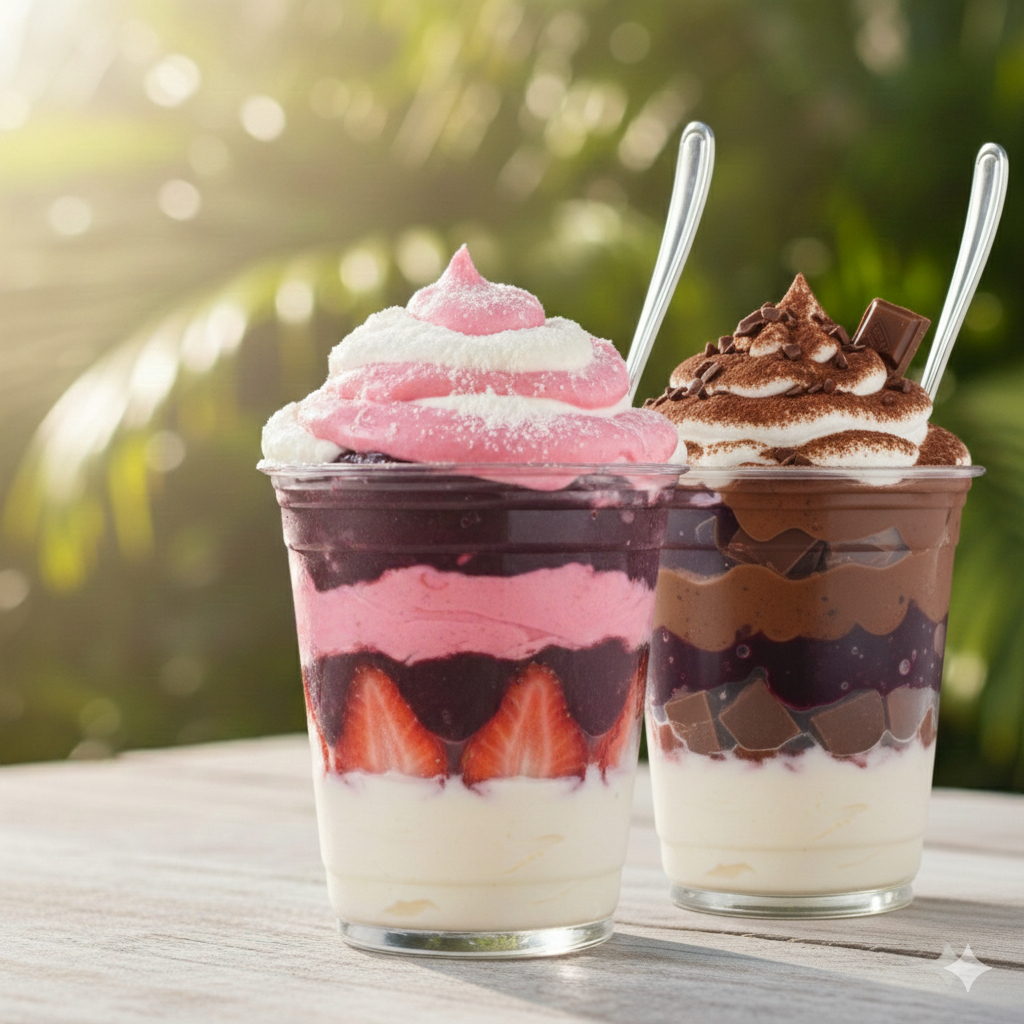 Cremes artesanais de: Chocolate Brigadeiro, Creme de Morango e leite em pó. Os 2 Copos Ja Vão Montados!! Experimente Essa Delicia.