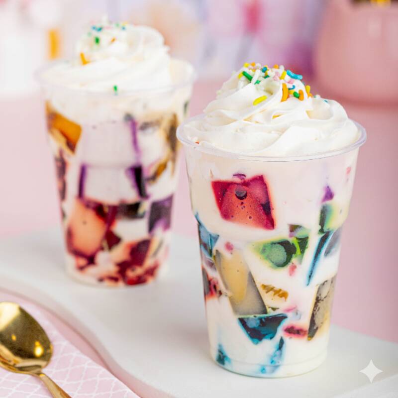 Pedaços de Gelatina em Cubos com Creme a base de Leite Moça, Creme de Leite e Leite de Coco, Coberto com Mousse de Chantilly.