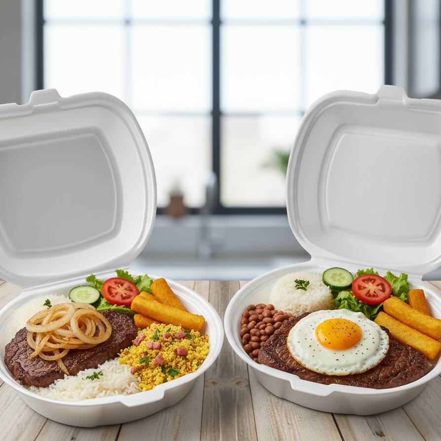 Combo com 2 Marmitas tamanho P. Bife Acebolado, Arroz, feijão, macarrão do dia, farofa, legumes refogados e uma fritura variada & Segunda Bife a Cavalo, Arroz, feijão, macarrão do dia, farofa, legumes refogados e uma fritura variada