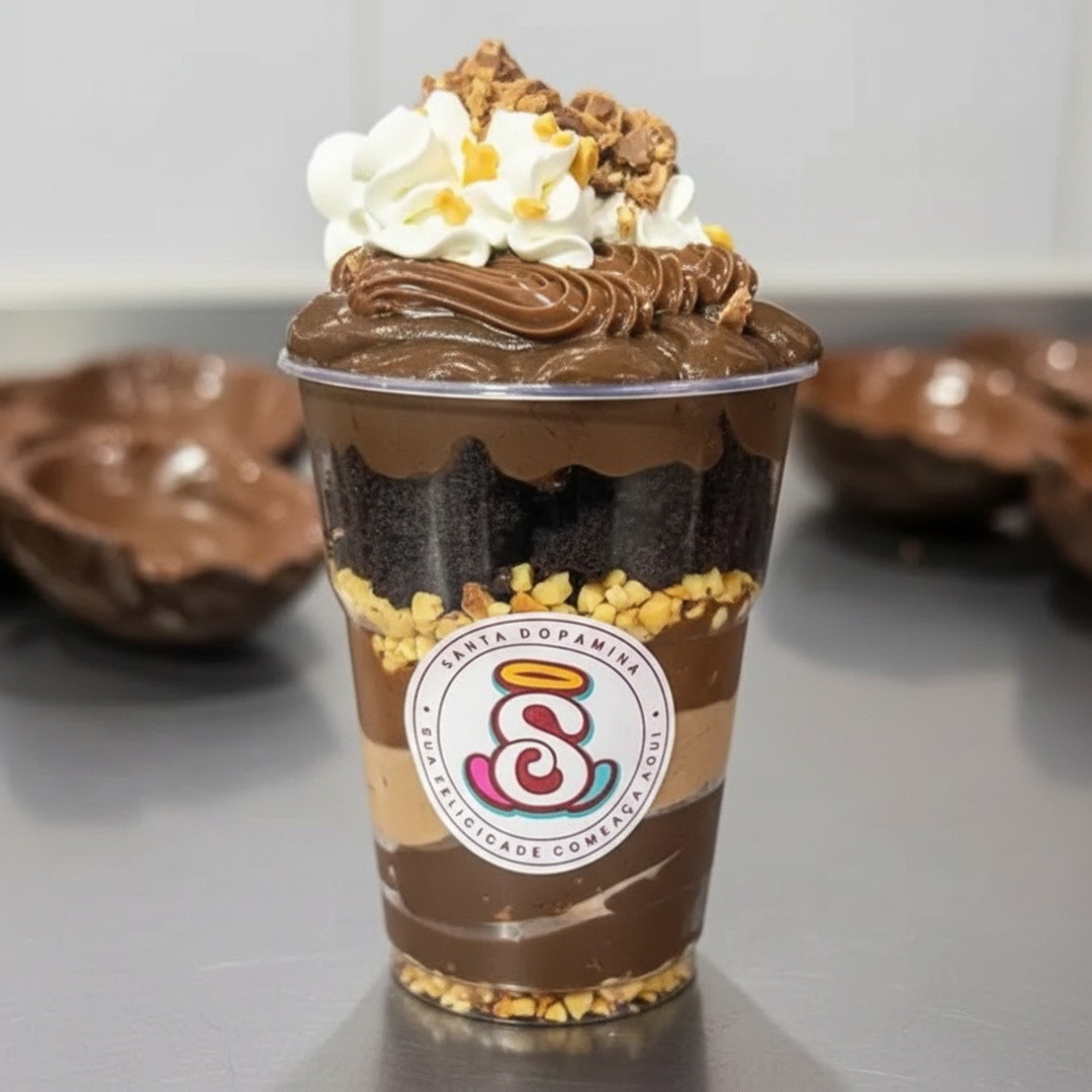 Copo Ferrero Rocher; Mousse de chocolate, brigadeiro de Cacau 70%, amendoim, Nutella, brownies, finalizado com meio bombom Ferrero Rocher