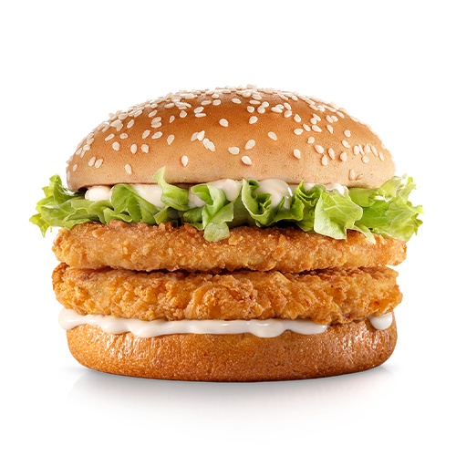 Composto por dois empanados com frango, maionese, alface americana e pão com gergelim.