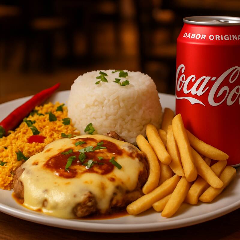 Saboroso bife de carne bovina à parmegiana, acompanhado de batata frita no ponto. Acompanha arroz soltinho, feijão fresco e farofa crocante