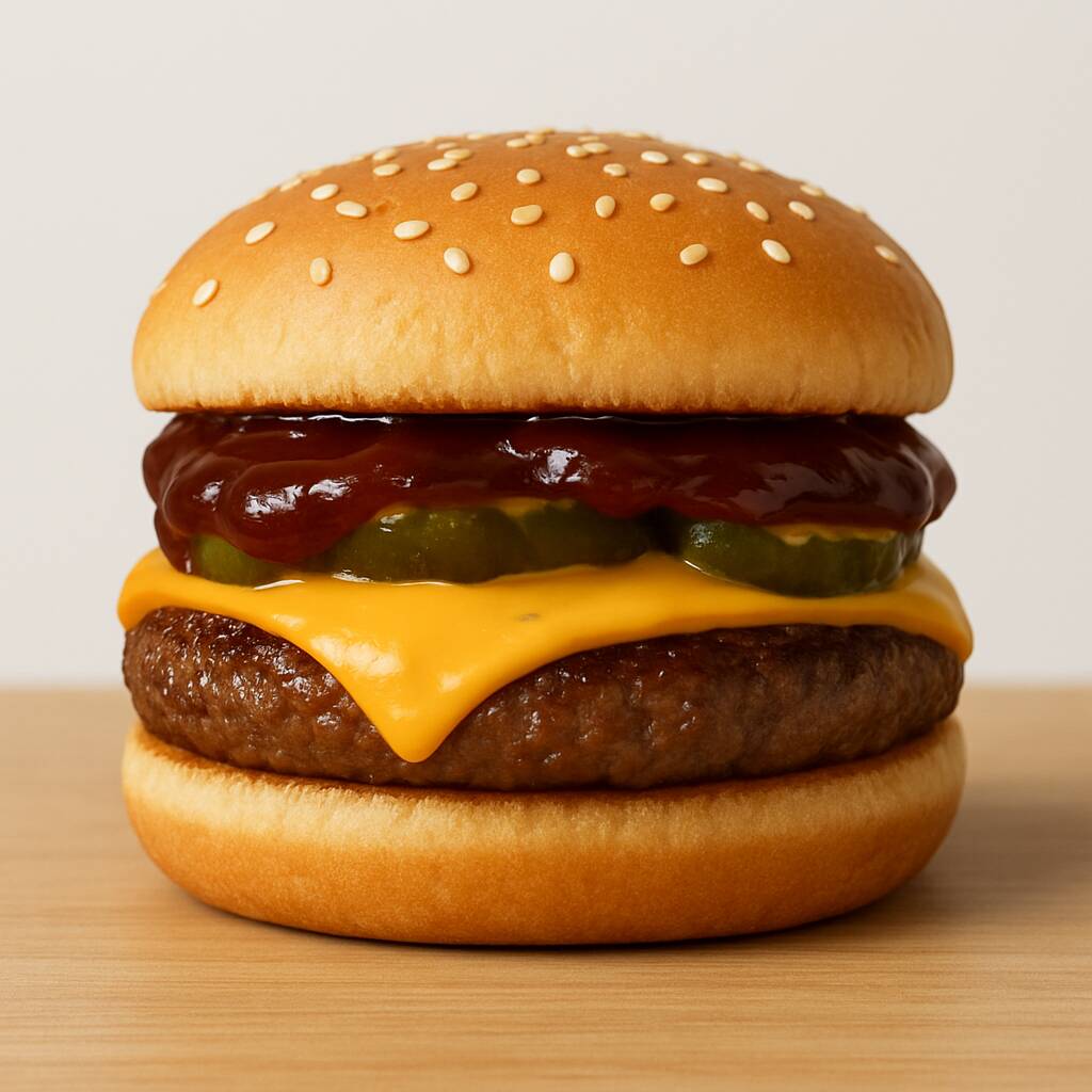 Pão com gergelim, um hambúrger industrial, cheddar cremoso, picles, barbecue defumado. Simples porém poderoso.