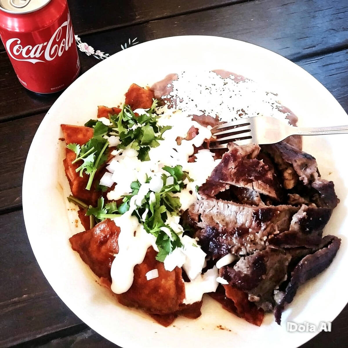Chilaquiles con Bistec Asado mas Bebida