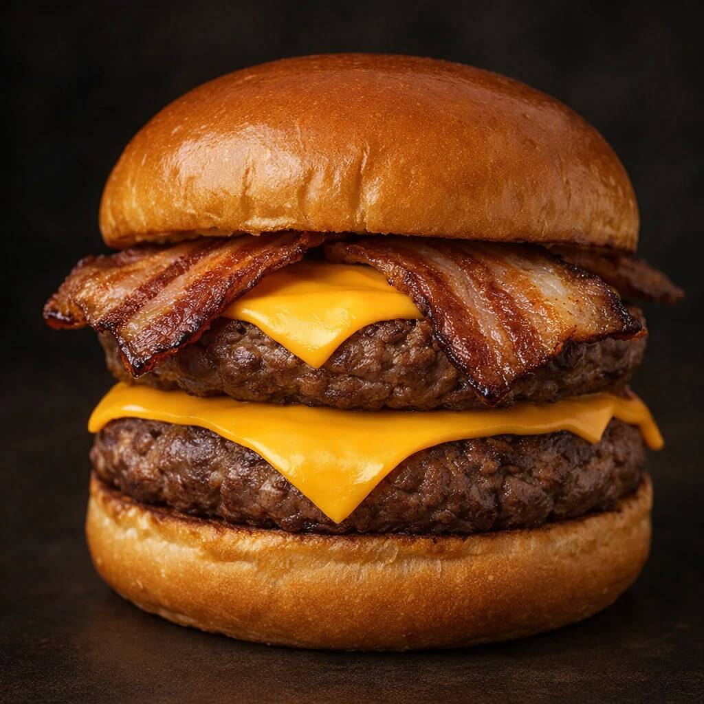 Pão Artesanal, 240g de Carne (2 Blend de 120g), Queijo Cheddar, 2 Fatias de Bacon crocante, molho de bacon