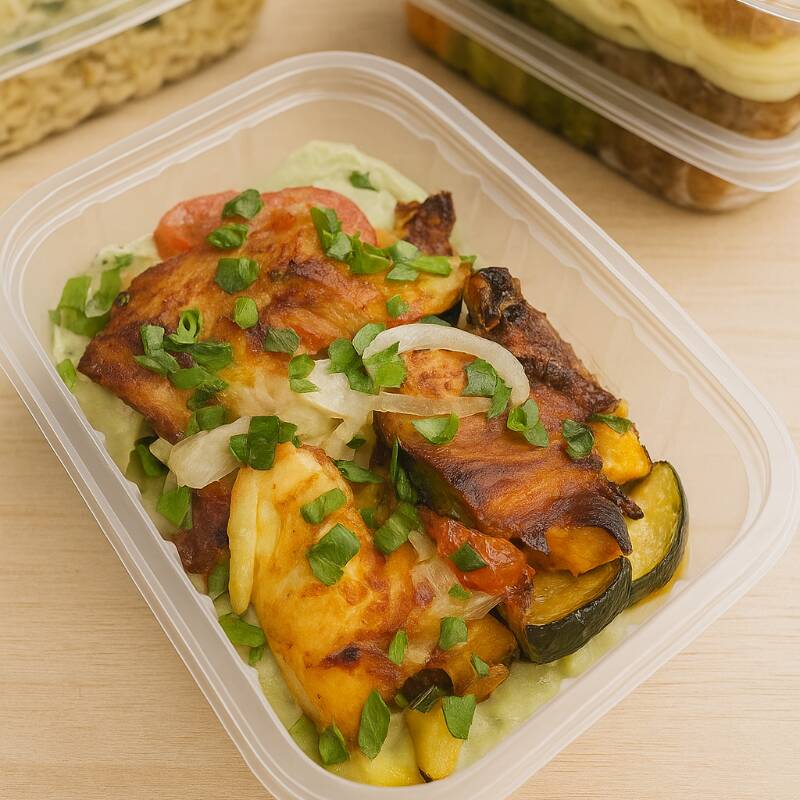 Um prato leve e equilibrado: peixe macio, purê docinho (batata doce) e legumes assados que trazem aquele aroma de forno ligado. Nutrição suave que conforta. Saudável, nutritivo, sem trigo e sem leite.