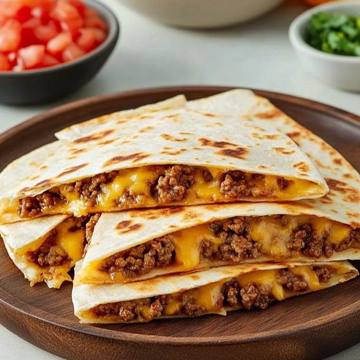 Uma explosão de queijos! Proteinas super temperadas na Tortilla de trigo fina e macia, tostada na chapa e Cortadas como fatias de pizza, acompanha cheddar defumado cream cheese+ salada de flakes de repolho fininho + molho especial defumado de alho.