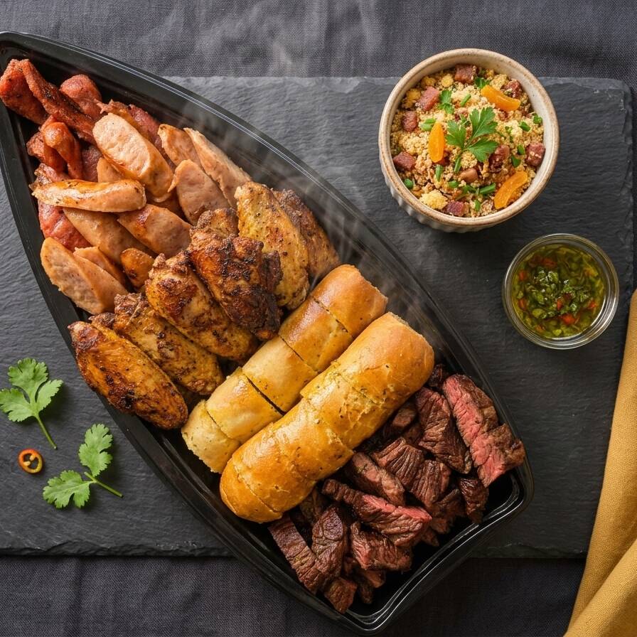 Combo Casal Supreme + farofa. A combinação perfeita para pessoas que amam um churrasco de verdade! Curta um banquete completo com cortes selecionados grelhados. Inclui: • Carne de primeira suculenta • Frango tulipinha bem temperado • Linguiça • Pão de alho crocante • Farofa especial •