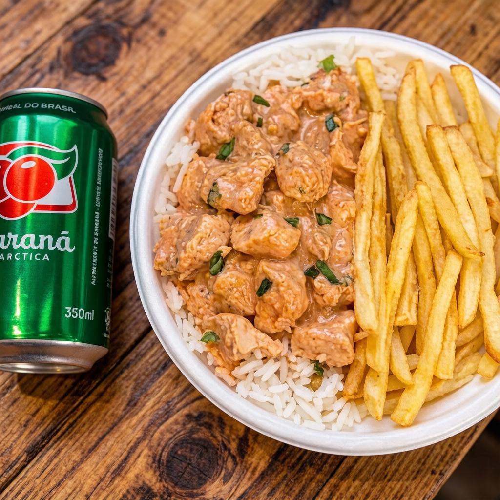 O nosso 'Strogonoff de Frango', um prato classificado como 'Pratos Mais Vendidos'. Delicioso e cozido em um molho cremoso e irresistível, com um toque especial de temperos. Acompanha arroz branquíssimo e batata fritas. Uma refeição caseira que vai te conquistar com seu sabor suave e único!. Acompanha uma bebida bem gelada