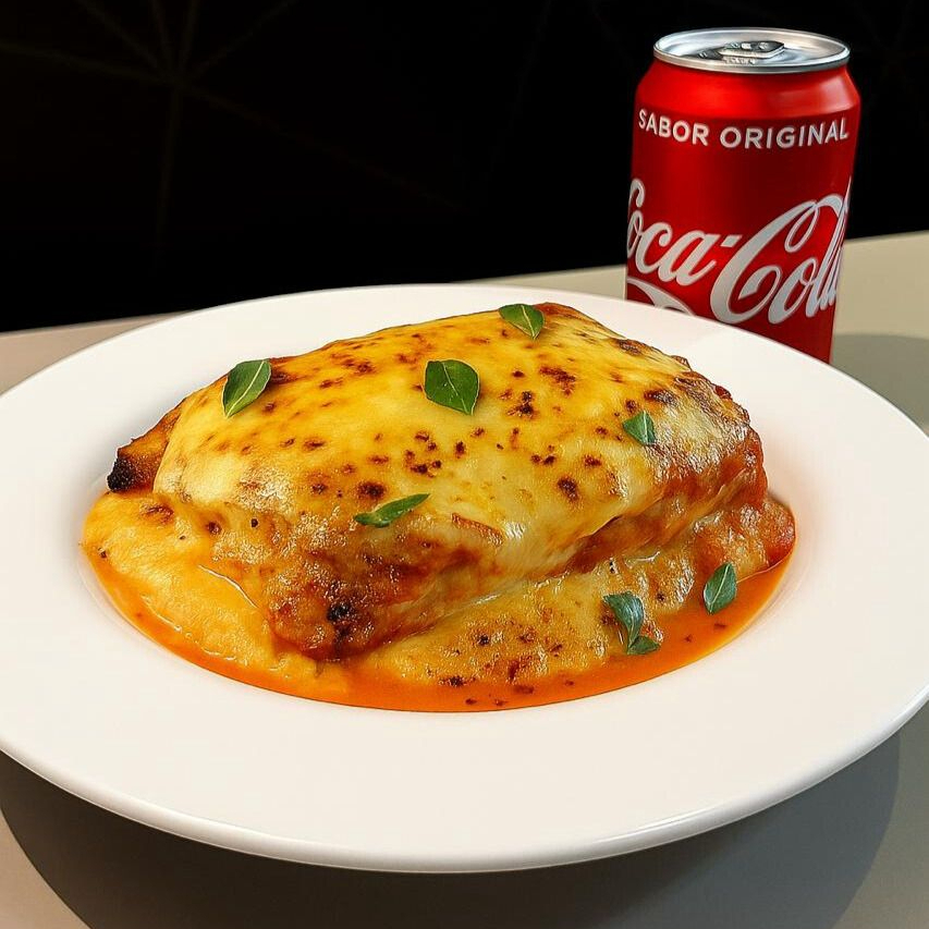 Lasanha alla bolonhesa média e a bebida do seu gosto.