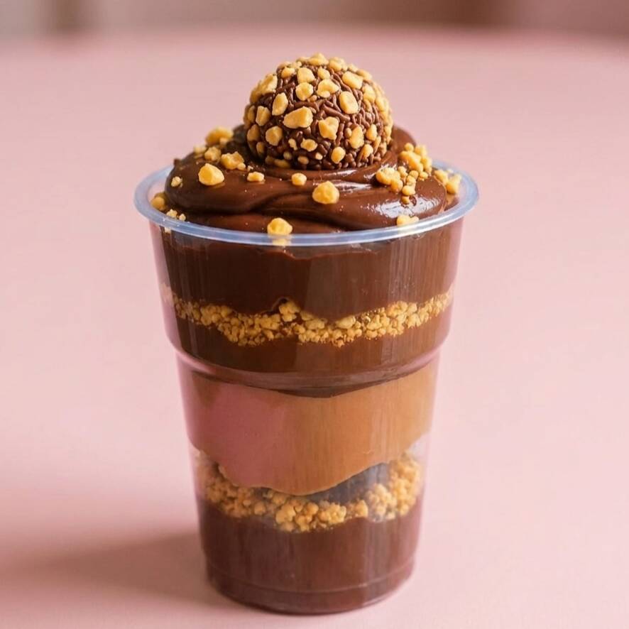 É composto de camadas de creme de chocolate cacau 50%, amendoim, brownie e finalizado com um delicioso docinho de brigadeiro com amendoim