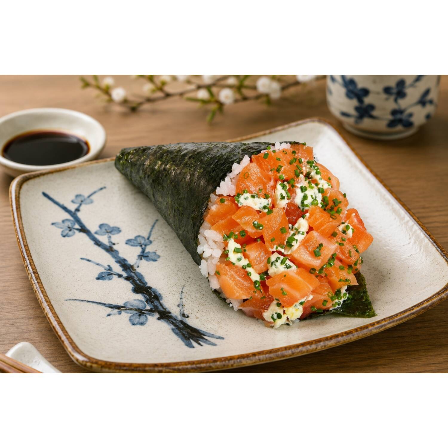Nori, arroz, Salmão em cubos, cebolinha