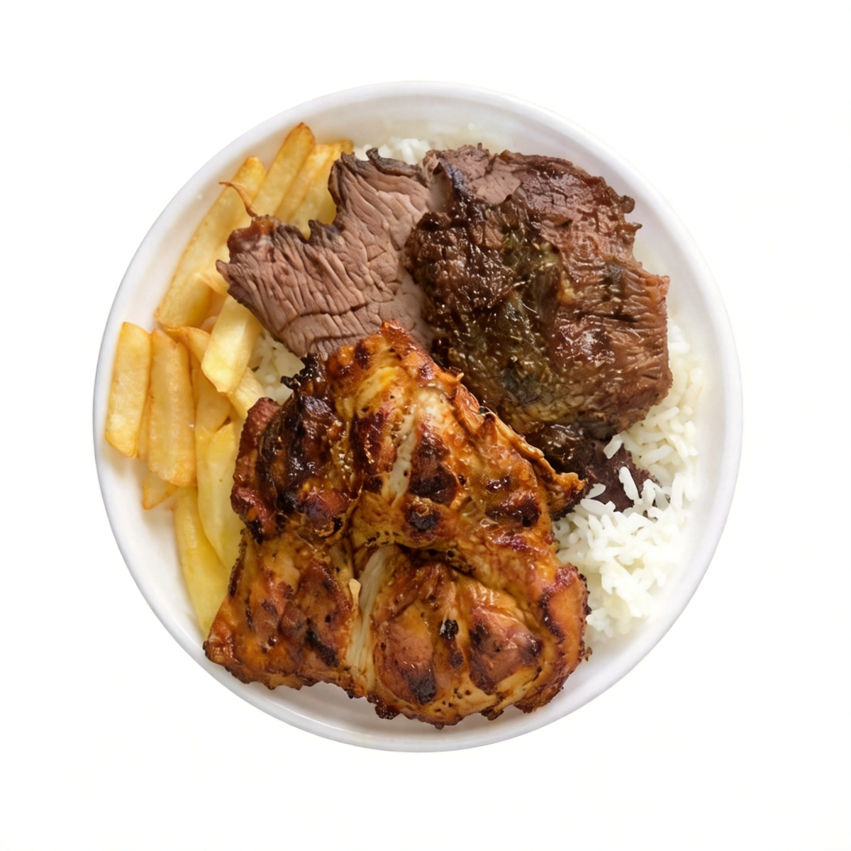 Arroz, feijão, contra filé , frango, linguiça, batata frita