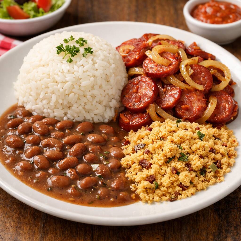 Arroz branco, feijão de caldo, calabresa acebolada e farofa.