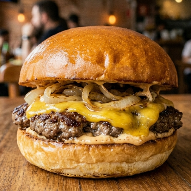 O clássico elevado a outro nível! Nosso burger artesanal suculento, coberto com cheddar derretido e a estrela da vez: cebola chapeada saborosa. Tudo isso no pão brioche macio, finalizado com nossa exclusiva maionese defumada. Uma explosão de sabores a cada mordida.