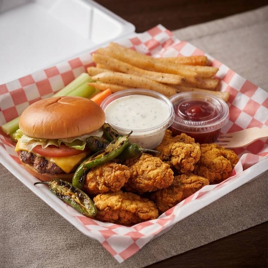 Boneles con hamburguesa sencilla, papas fritas.