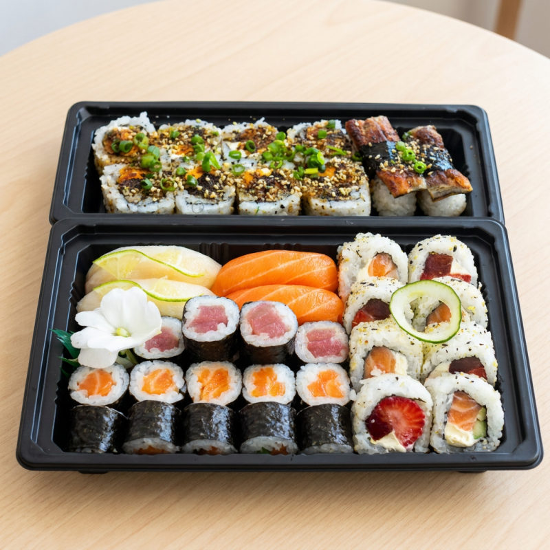8 uramaki skin filadélfia,4 uramaki filadélfia,4 uramaki romeu e julieta,8 shakemaki,8 kanimaki niguiri de salmão,2 niguiri de peixe Branco,2 niguiri skin. não é possível fazer troca. (5 Saches e 2 Hashis)