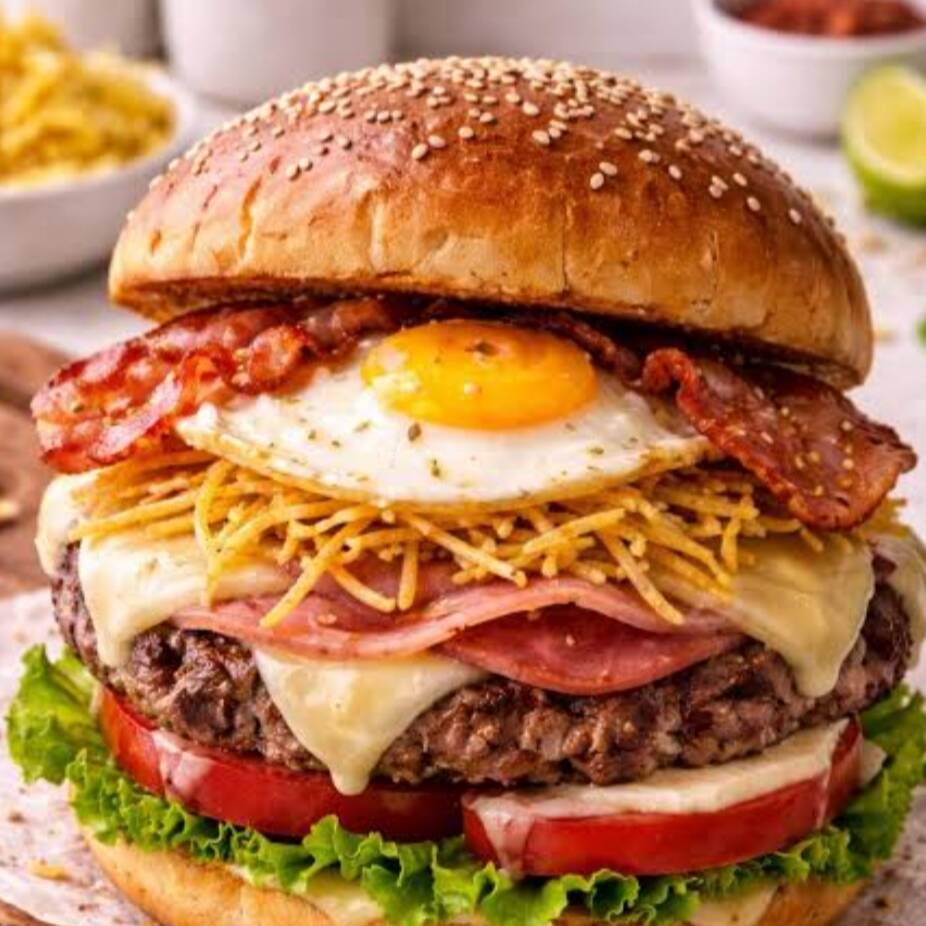 Pão brioche, carne de hambúrguer bovina,ovo, presunto, mussarela, cebola caramelizada,molho da casa,alface, tomate, milho, batata palha.