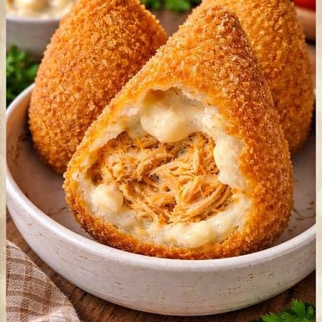 Deliciosa coxinha massa de batata recheada de frango com Catupiry acompanha molho verde e ketchup