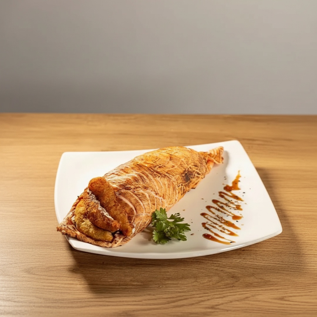 Cone gigante de manta de salmão maçaricado, recheado com arroz,camarão crocante e cream cheese.aprox 650g