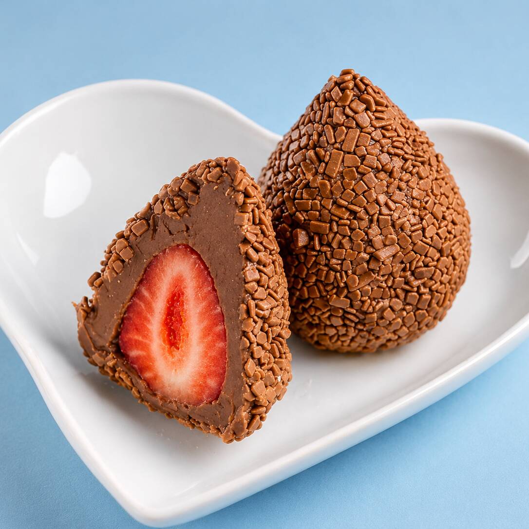 Morango inteiro envolvido por brigadeiro cremoso e coberto com granulado gourmet.
