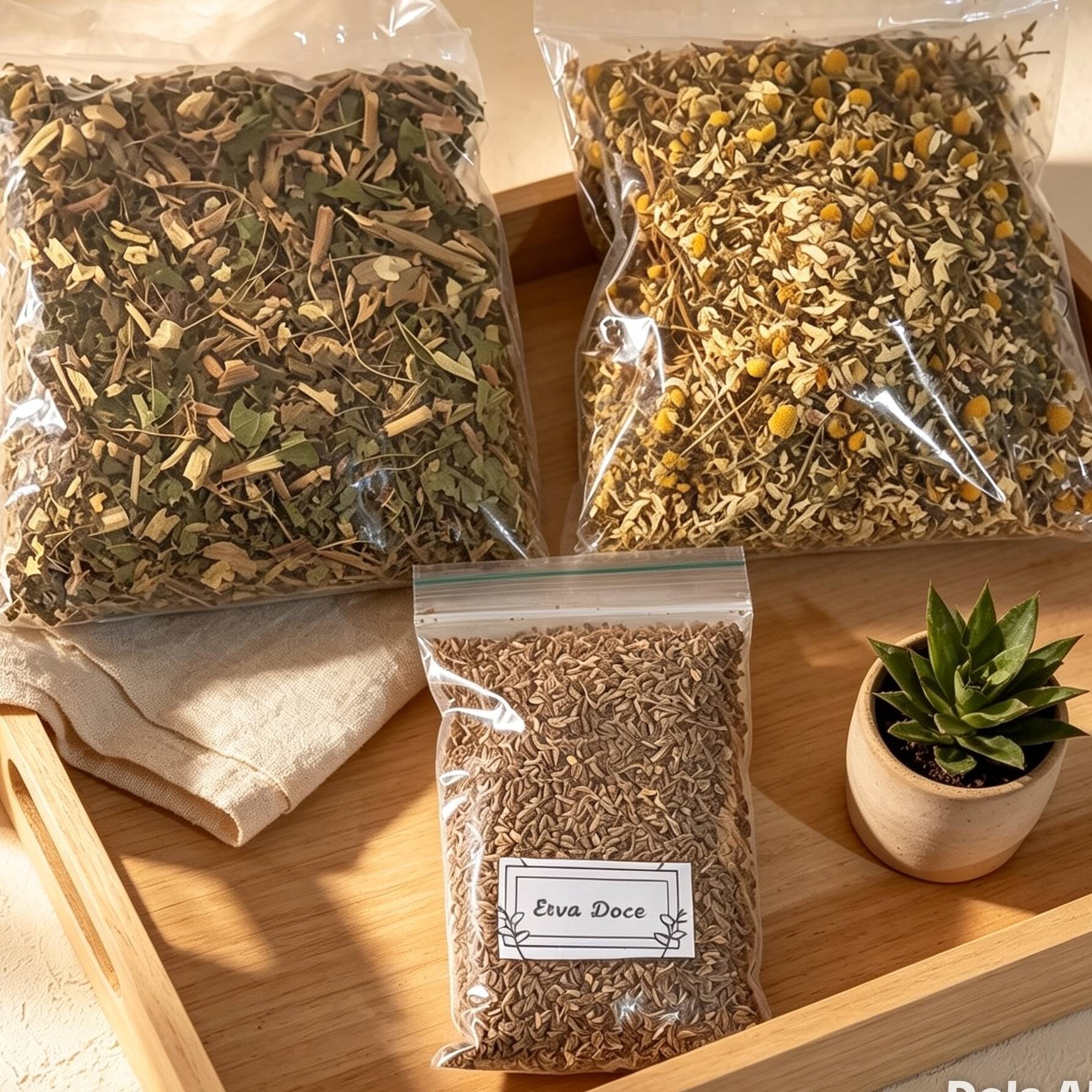 Camomila, erva cidreira, chá verde, erva doce, (50 gr de cada). Sugestão de uso: usar duas colheres de sopa a cada 400 ml de água fervida, adoçar a gosto. Beba Camomila, erva cridreira e erva doce à noite e tenha um sono relaxante. Durante o dia, tome o chá verde para garantir uma saúde mais equilibrada. A erva doce também é usada em receitas de bolo.