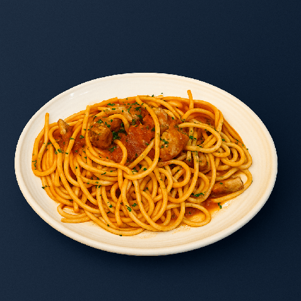 Fettuccine ao molho pomodoro com cubos de filet mignon suíno ao tempero Abbraccio.