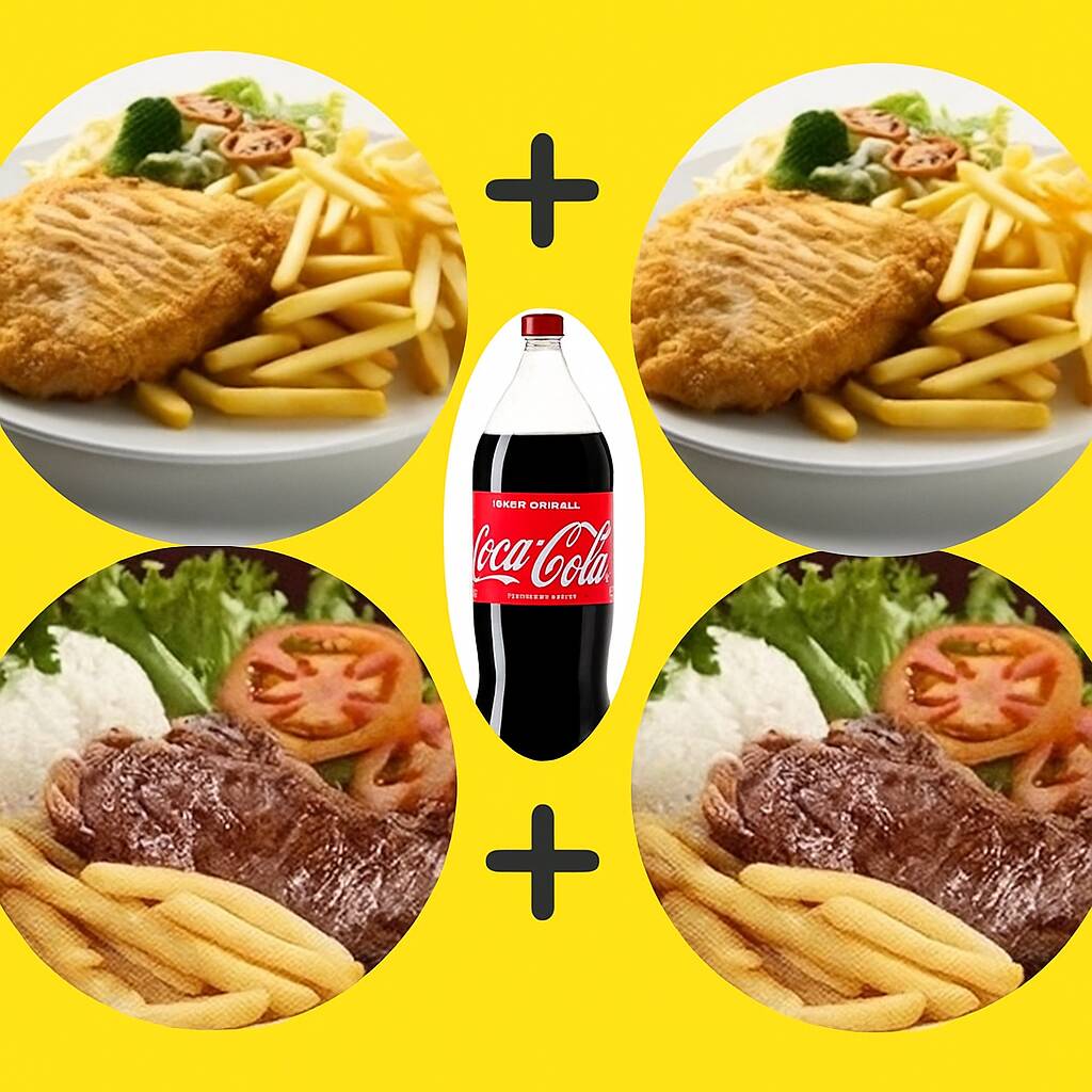 2 contras filé c/fritas + 2 frangos empanados c/fritas + 1 coca 2L