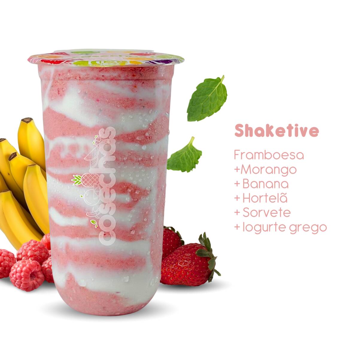 A combinação da framboesa com morango, a cremosidade da banana, a refrescância da hortelã, sorvete e iogurte grego, fazem do Shaketive uma experiência única em sabor.
