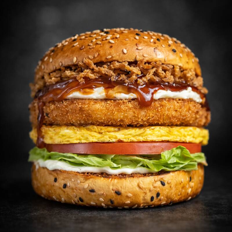 Pão de brioche, alface americana fresquinha, tomate em rodelas, ovo no estilo omelete, hambúrguer de frango empanado bem crocante, queijo cream cheese, cebola caramelizada e aquele toque especial de barbecue. Feito com ovos de galinhas felizes :)