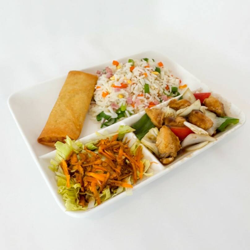 Acompanha: 1 rolinho primavera ou rolinho de queijo ou frango empanado + yakimeshi+ salada