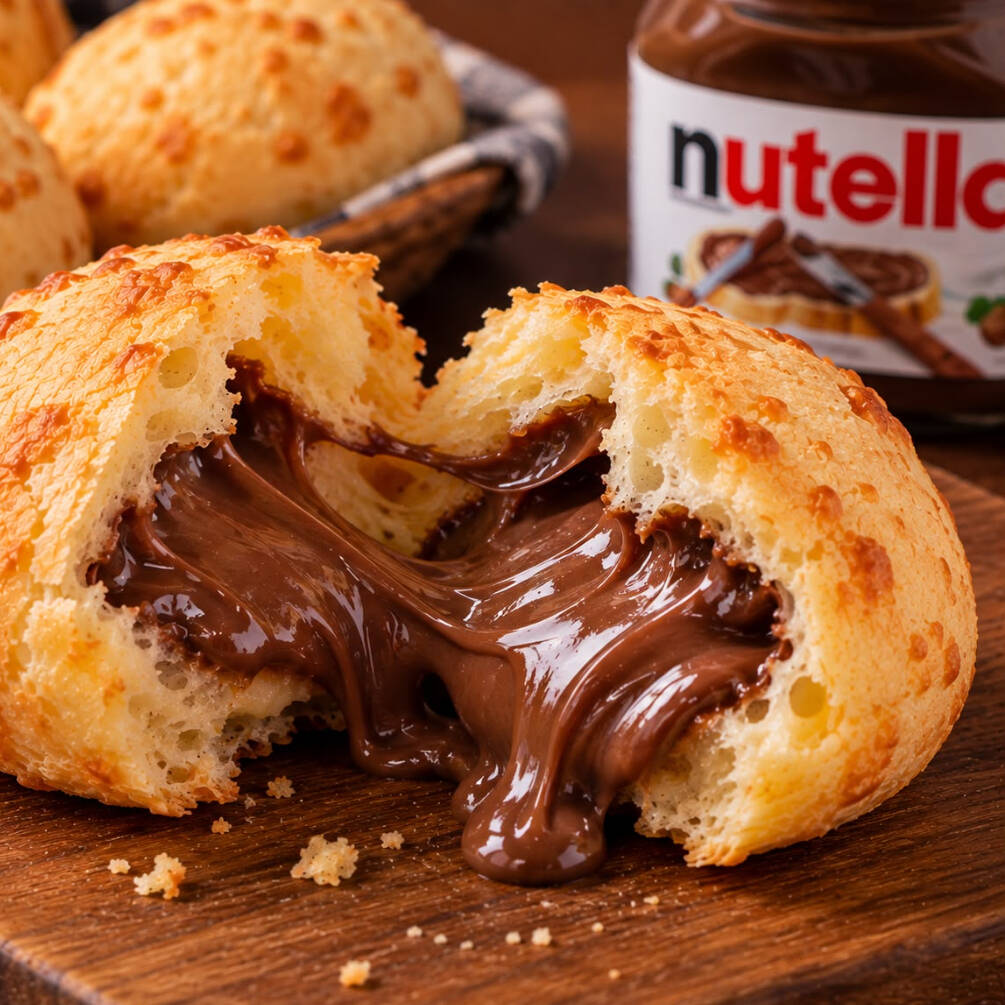 Pão de queijo quentinho recheado com uma deliciosa camada de nutella