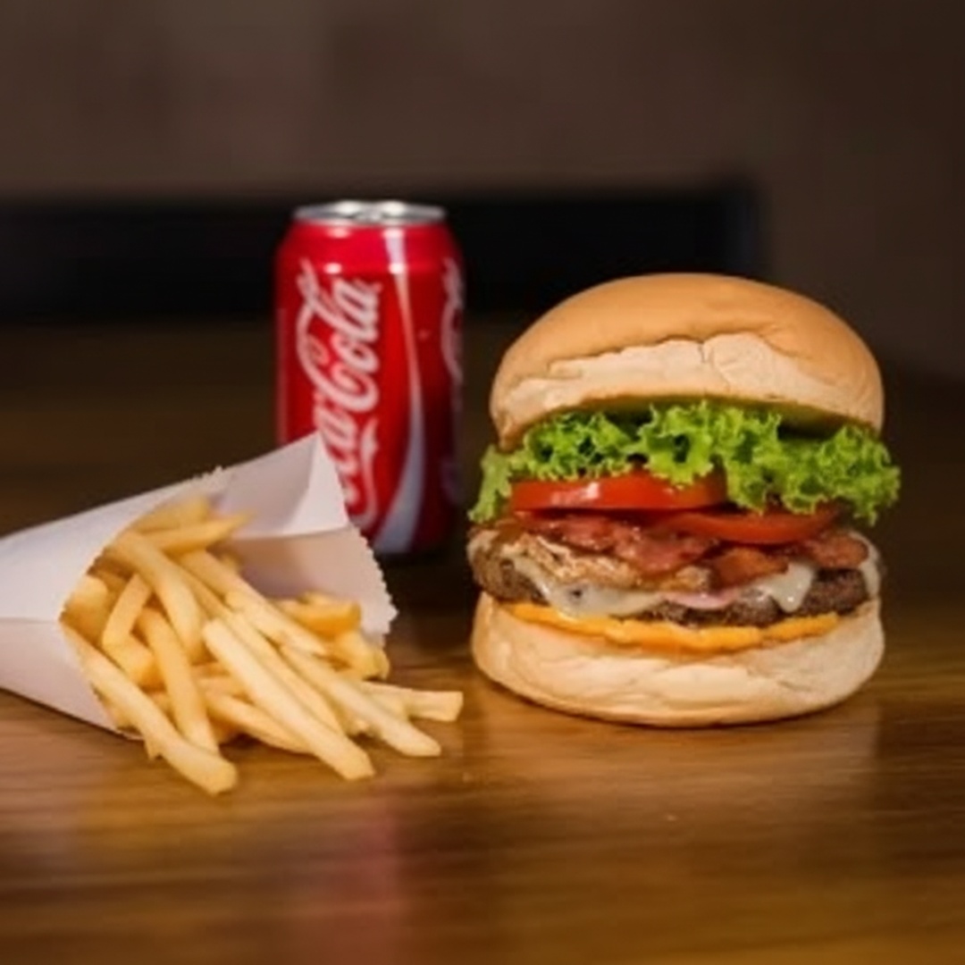 Pão especial,carne artesanal 100g, bacon,queijo mussarela,cheddar e verduras ( cebola caramelizada) e molho especial + batata + coca cola lata