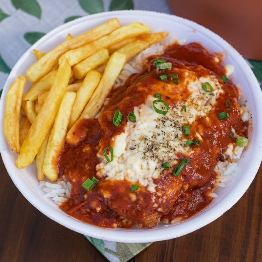 Marmita composta por: Arroz, Fritas & Parmegiana de frango
Peso aproximado: 400g a 450g